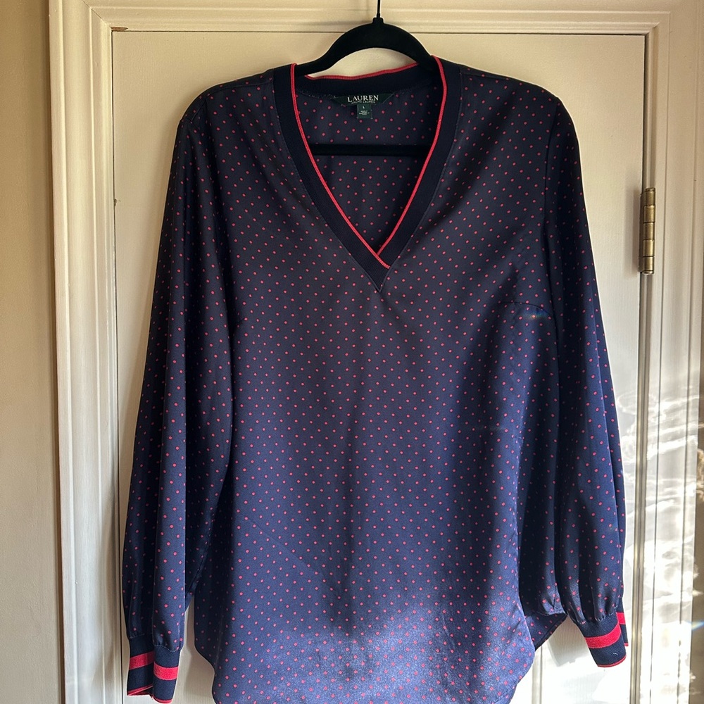 Lauren Navy Blouse with Red Polka Dots